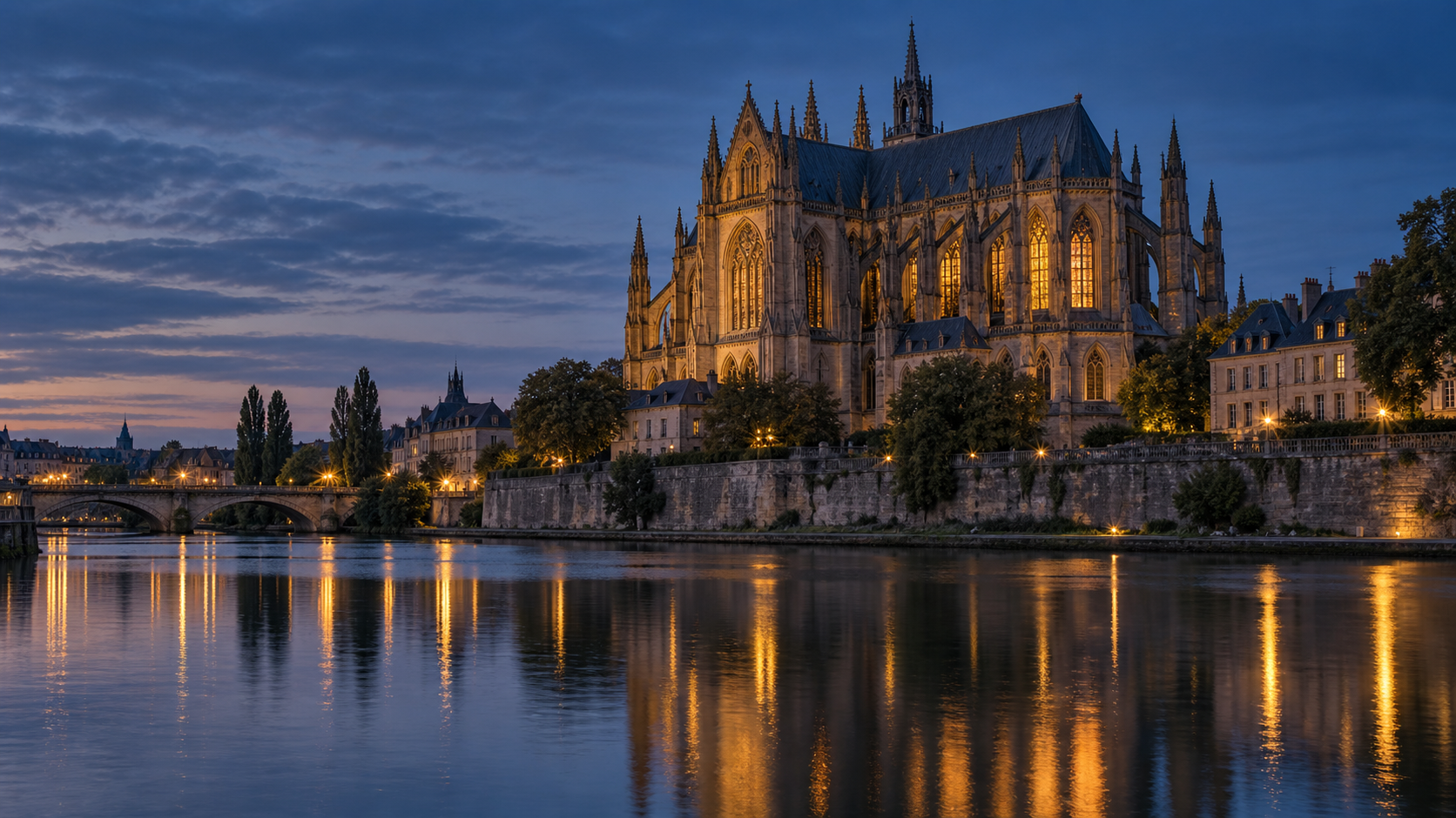 La cathédrale de Metz et la Moselle à l'heure bleue